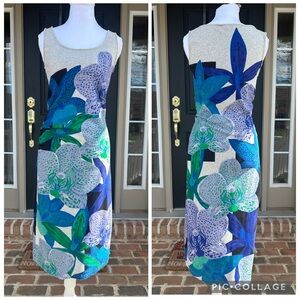 The Kit Ruched Midi Tank Dress Blue Bali Orchids Print Summer Spring Small